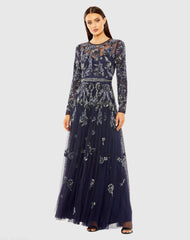 Navy Long Sleeve High Neck Floral Beaded A-line Mesh Gown