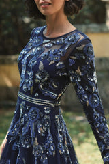 Navy Long Sleeve High Neck Floral Beaded A-line Mesh Gown