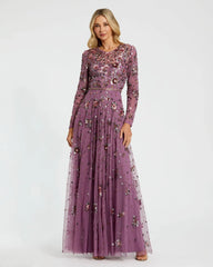 Purple Long Sleeve High Neck Beaded Gown