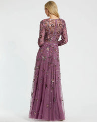 Purple Long Sleeve High Neck Beaded Gown