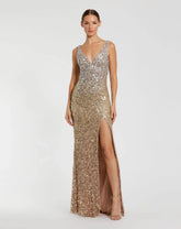 Gold Sequined Sleeveless V Neck Side Slit Gown