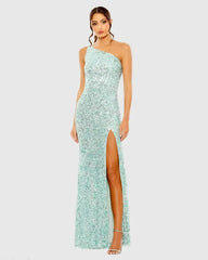 Sequined One Shoulder Gown With Slit