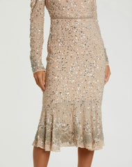 Beige Sequin Dress with Embellished Hemline and Belt