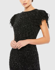 Black High Neck Flutter Cap Sleeve Gown