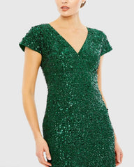 Dark Green Sequined Cap Sleeve Wrap Over Cocktail Dress
