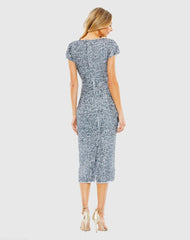 Blue Sequined Cap Sleeve Wrap Over Cocktail Dress