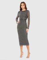 Gray Beaded Tea Length Dress w/ Sheer Sleeves