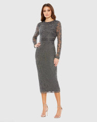 Gray Beaded Tea Length Dress w/ Sheer Sleeves