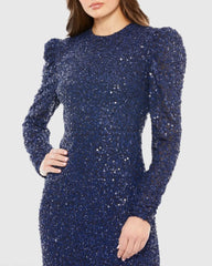 Blue Sequined Long Sleeve High Neck Trumpet Dress