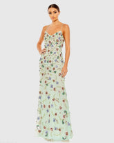 Green Embellished Spaghetti Strap Lace Up Gown