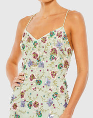 Green Embellished Spaghetti Strap Lace Up Gown