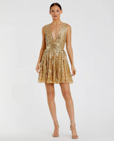 Gold Embellished Sleeveless V Neck A Line Dress