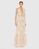 Pink Queen Anne Lace Long Sleeve V-Neck Trumpet Gown