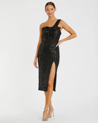 Black Sequined One Shoulder Front Bow Dress