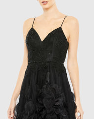 Black Embellished Floral High Low Sleeveless Gown