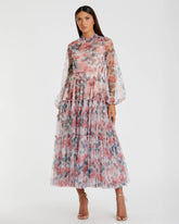 Multicolor Floral High Neck Balloon Sleeve Midi Dress