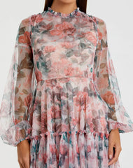 Multicolor Floral High Neck Balloon Sleeve Midi Dress
