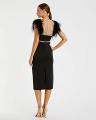 Black Feather Cap Sleeve Pearl Embellished Tea-length Fit Dress
