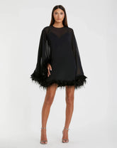 Black Trapeze Feather Trim Mini Dress