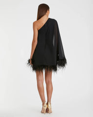 Black One Shoulder Trapeze Dress with Feather Trim
