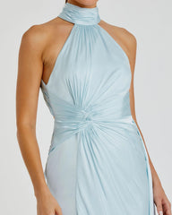 Light Blue Open Back High Neck Side Ruched Gown