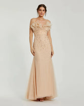 Beige Strapless Embellished Tulle Mermaid Gown