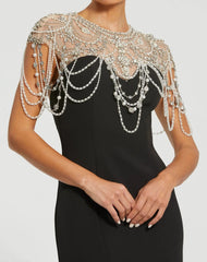 Black Draped Pearl Beaded Mermaid Gown
