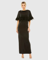 Black Short Sleeve Feather Detail Crystal Neckline Dress