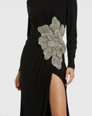 Black Jersey Gown With Embellished Flower