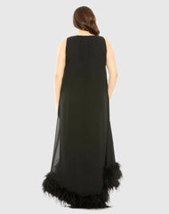 Black High Neck Feather Hem Gown