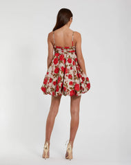 Multicolor Brocade Bubble Skirt Mini Dress with Bow