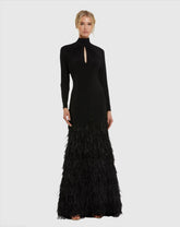 Black Jersey Long Sleeve High Neck Feather Gown