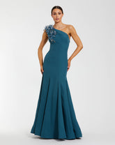 Blue One Shoulder Mermaid Gown with 3D Flowers