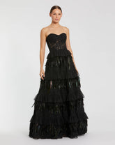 Black Strapless Sweetheart Lace Tiered Feather Ball Gown