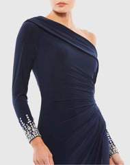 Navy Beaded Cuff Drop Shoulder Faux Wrap Gown
