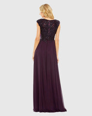 Purple Cap Sleeve Applique Bodice Flowy Gown