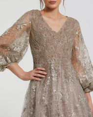 Beige Embellished Plunge Neck Puff Sleeve A Line Gown