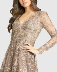 Beige Embellished Plunge Neck Long Sleeve Midi Dress