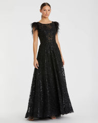 Black Embellished Boat Neck A-Line Gown with Feather Sleeves