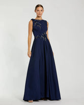 Navy Floral Applique Sleeveless A Line Gown