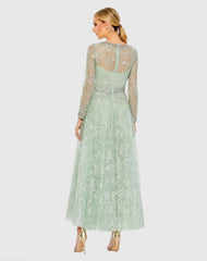 Green Embellished Wrap Over Long Sleeve Midi Dress