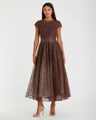 Brown Embellished Cap Sleeve A Line Dress