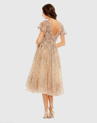 Beige Embellished Butterfly Fit and Flare Tea-Length Dress