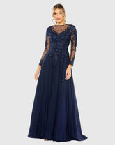 Navy High Neck Long Sleeve Embellished A-line Gown