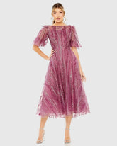 Purple High Neck Puff Sleeve Embellished A Line Dress