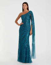 Blue One Shoulder Cape Sleeve Embellished Gown