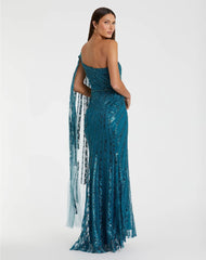 Blue One Shoulder Cape Sleeve Embellished Gown