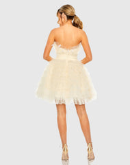 Beige Feathered Strapless Tulle Fit and Flare Dress - FINAL SALE
