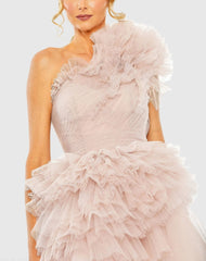 Pink Tulle Ruffle One Shoulder Mini Dress
