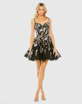 Black Thin Strap Floral Embroidered Mini Dress